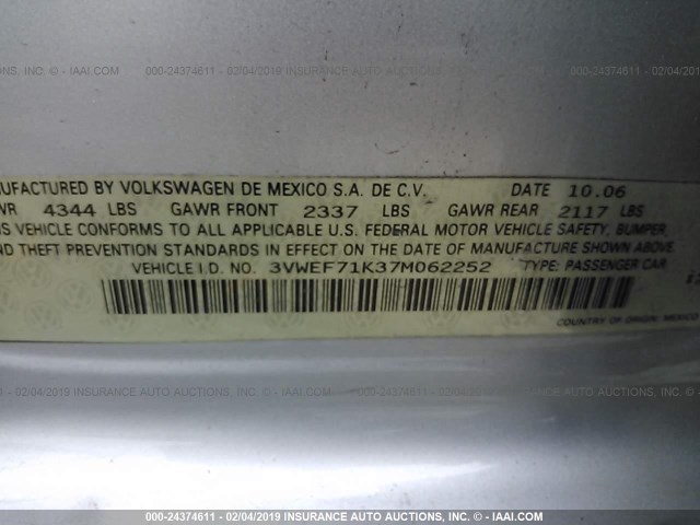 3VWEF71K37M062252 - 2007 VOLKSWAGEN JETTA WOLFSBURG 灰色 照片 9