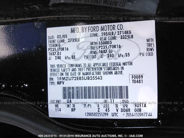 1FMZU72E85UB35543 - 2005 FORD EXPLORER XLS/XLS SPORT BLACK photo 9