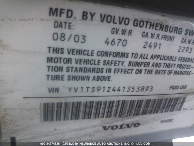 YV1TS91Z441353893 - 2004 VOLVO S80 T6/ELITE SILVER photo 9