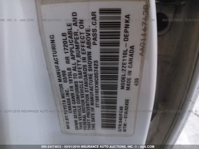 2T1BR18EXWC057423 - 1998 TOYOTA COROLLA VE/CE/LE 白色 照片 9