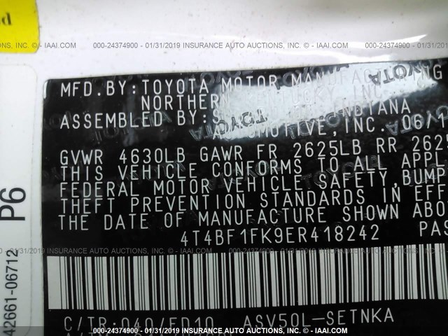 4T4BF1FK9ER418242 - 2014 TOYOTA CAMRY L/SE/LE/XLE WHITE photo 9