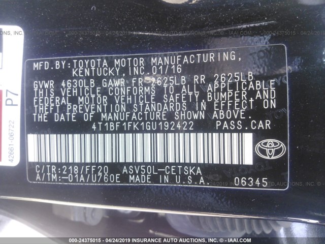 4T1BF1FK1GU192422 - 2016 TOYOTA CAMRY LE/XLE/SE/XSE შავი ფოტო 9