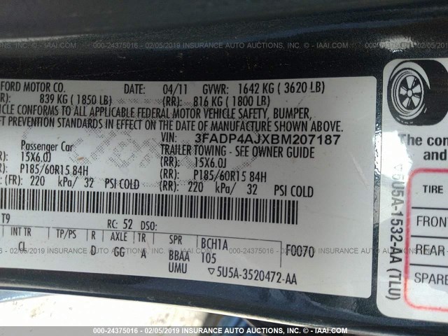 3FADP4AJXBM207187 - 2011 FORD FIESTA S GRAY photo 9