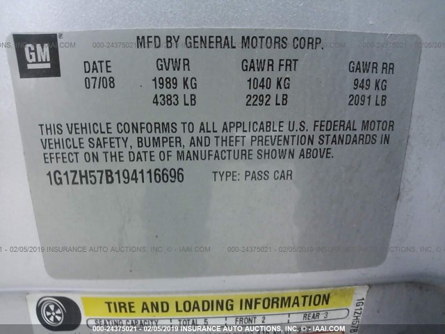 1G1ZH57B194116696 - 2009 CHEVROLET MALIBU 1LT ვერცხლისფერი ფოტო 9