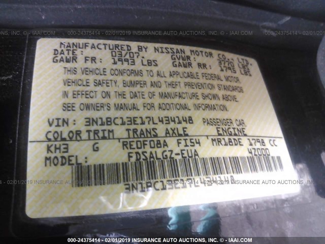 3N1BC13E17L434148 - 2007 NISSAN VERSA S/SL BLACK photo 9