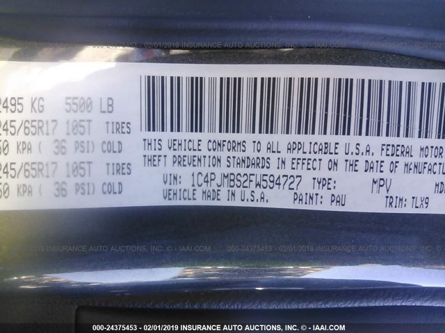 1C4PJMBS2FW594727 - 2015 JEEP CHEROKEE TRAILHAWK 灰色 照片 9