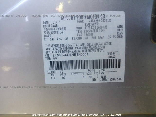 2FMPK3J94HBB40551 - 2017 FORD EDGE SEL SILVER photo 9