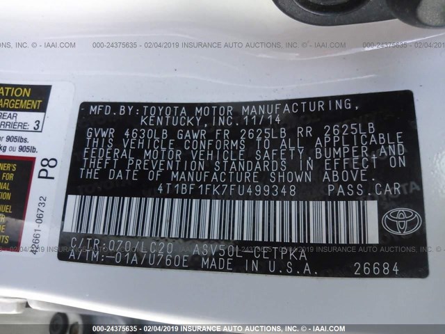 4T1BF1FK7FU499348 - 2015 TOYOTA CAMRY LE/XLE/SE/XSE WHITE photo 9