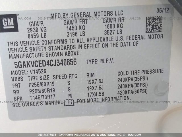 5GAKVCED4CJ340856 - 2012 BUICK ENCLAVE GOLD photo 9