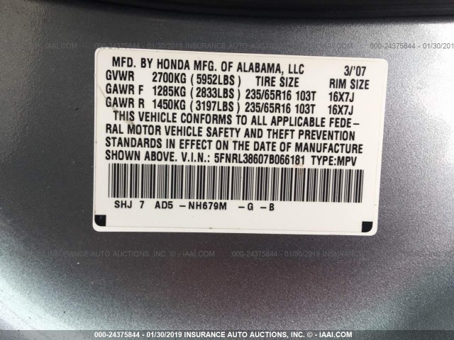 5FNRL38607B066181 - 2007 HONDA ODYSSEY GRAY photo 9