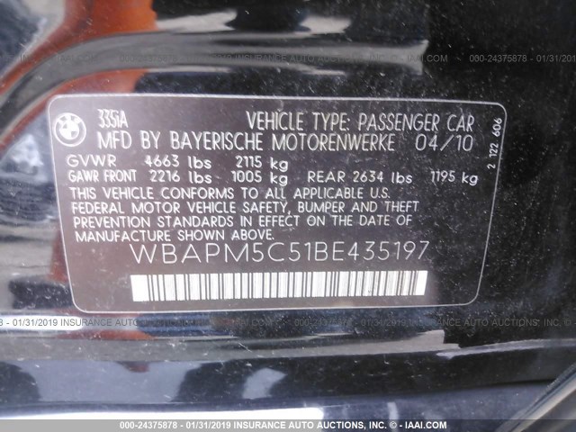 WBAPM5C51BE435197 - 2011 BMW 335 I BLACK photo 9