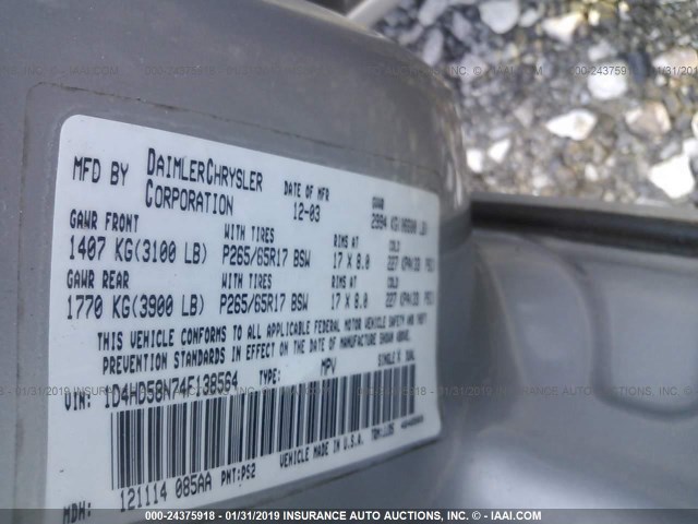 1D4HD58N74F138564 - 2004 DODGE DURANGO LIMITED SILVER photo 9