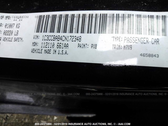 1C3CCBAB4CN172348 - 2012 CHRYSLER 200 LX BLACK photo 9