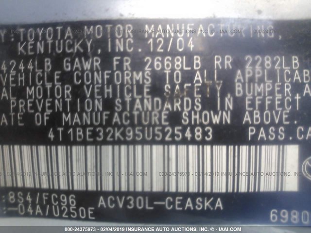 4T1BE32K95U525483 - 2005 TOYOTA CAMRY LE/XLE/SE Light Blue photo 9