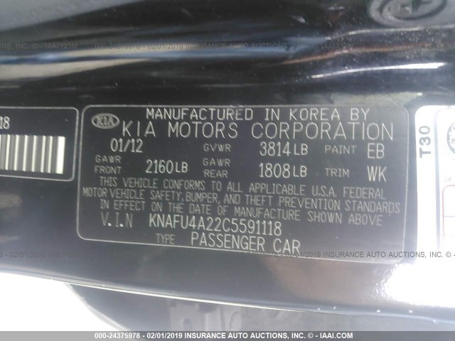 KNAFU4A22C5591118 - 2012 KIA FORTE EX 黑色 照片 9