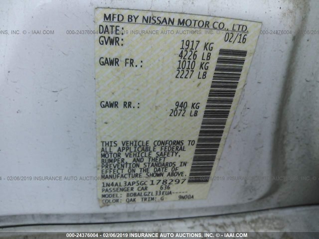 1N4AL3AP5GC178297 - 2016 NISSAN ALTIMA 2.5/S/SV/SL/SR WHITE photo 9