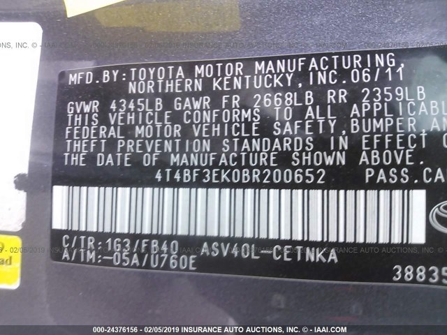4T4BF3EK0BR200652 - 2011 TOYOTA CAMRY SE/LE/XLE 灰色 照片 9