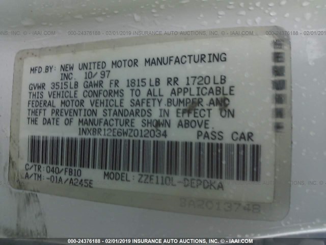 1NXBR12E6WZ012034 - 1998 TOYOTA COROLLA VE/CE/LE 白色 照片 9