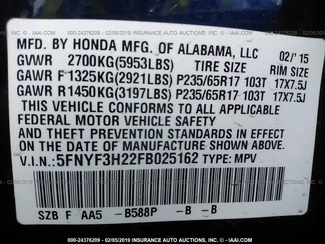 5FNYF3H22FB025162 - 2015 HONDA PILOT LX BLUE photo 9