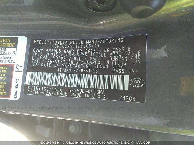 4T1BK1FK7EU551135 - 2014 TOYOTA CAMRY SE/XLE GRAY photo 9