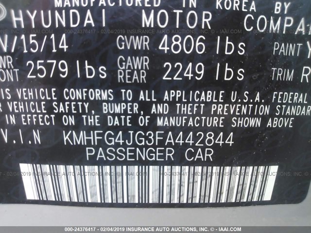 KMHFG4JG3FA442844 - 2015 HYUNDAI AZERA SILVER photo 9