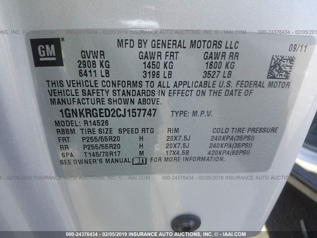 1GNKRGED2CJ157747 - 2012 CHEVROLET TRAVERSE LT SILVER photo 9