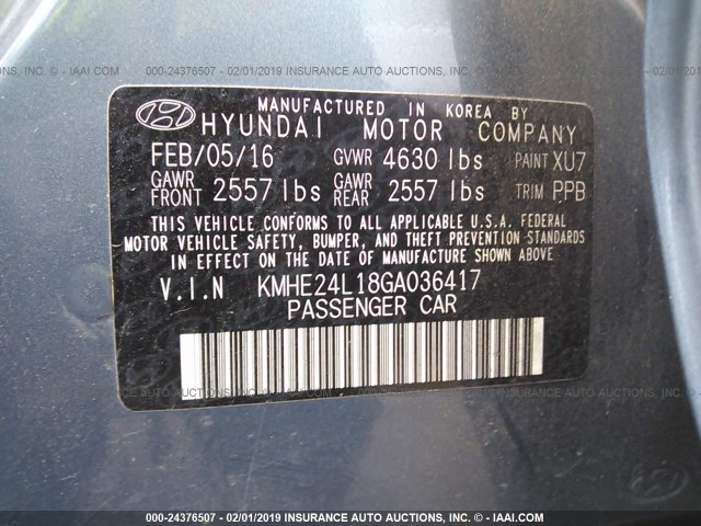 KMHE24L18GA036417 - 2016 HYUNDAI SONATA HYBRID/SE BLUE photo 9