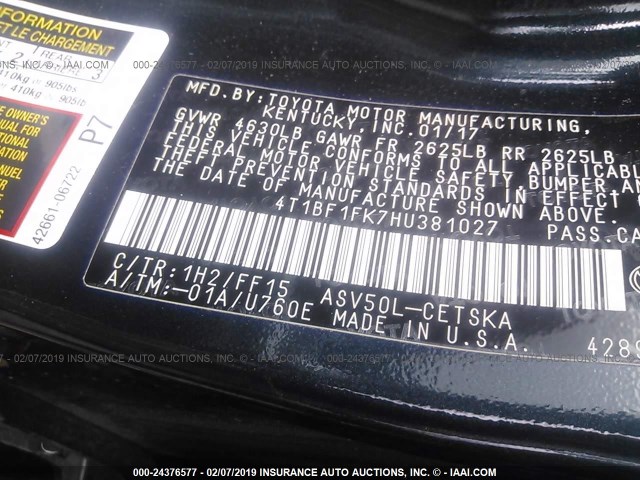 4T1BF1FK7HU381027 - 2017 TOYOTA CAMRY LE/XLE/SE/XSE 灰色 照片 9