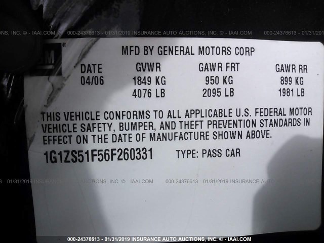 1G1ZS51F56F260331 - 2006 CHEVROLET MALIBU LS Mavi foto 9