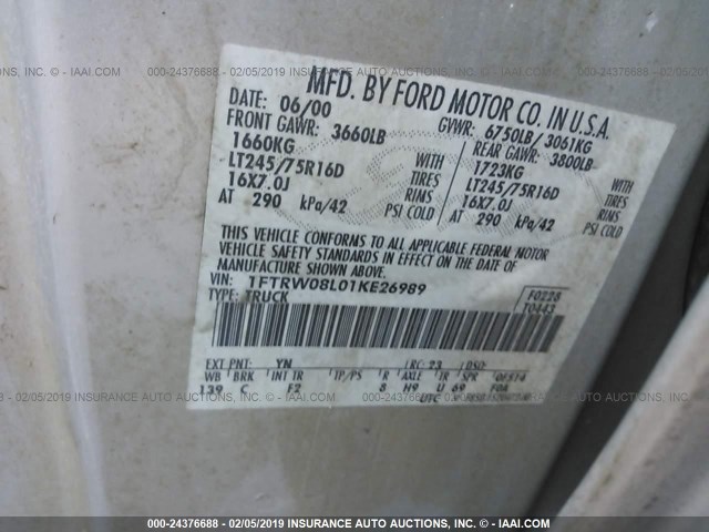 1FTRW08L01KE26989 - 2001 FORD F150 SUPERCREW SILVER photo 9