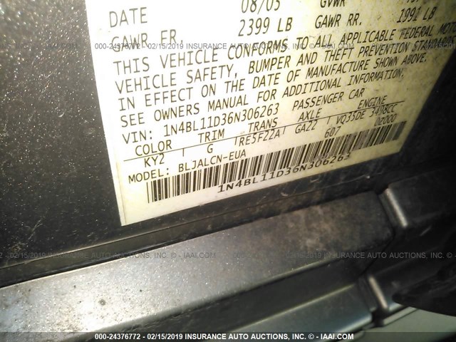 1N4BL11D36N306263 - 2006 NISSAN ALTIMA SE/SL/SE-R GRAY photo 9