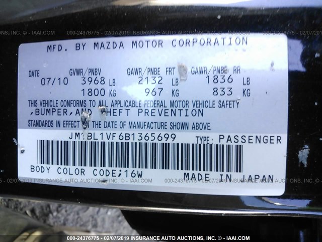 JM1BL1VF6B1365699 - 2011 MAZDA 3 I BLACK photo 9