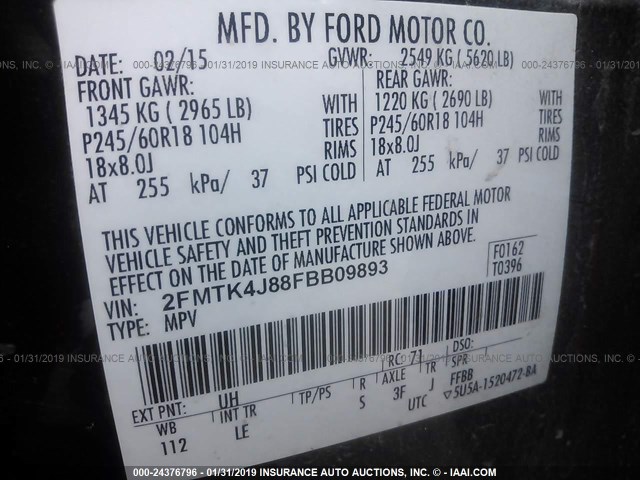 2FMTK4J88FBB09893 - 2015 FORD EDGE SEL BLACK photo 9