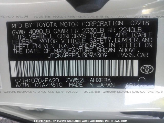 JTDKARFP0J3093309 - 2018 TOYOTA PRIUS PRIME  白色 照片 9