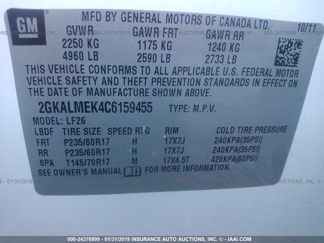 2GKALMEK4C6159455 - 2012 GMC TERRAIN SLE WHITE photo 9