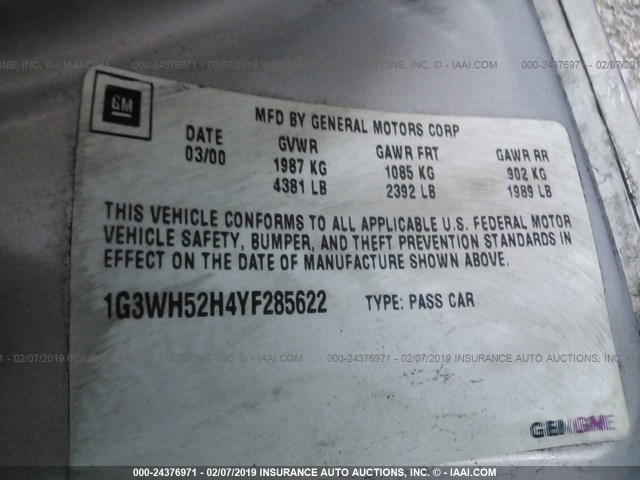 1G3WH52H4YF285622 - 2000 OLDSMOBILE INTRIGUE GX SILVER photo 9