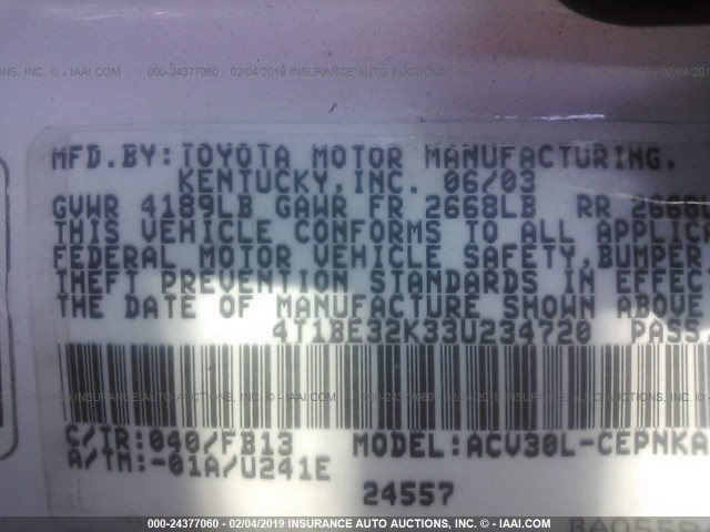 4T1BE32K33U234720 - 2003 TOYOTA CAMRY LE/XLE/SE WHITE photo 9