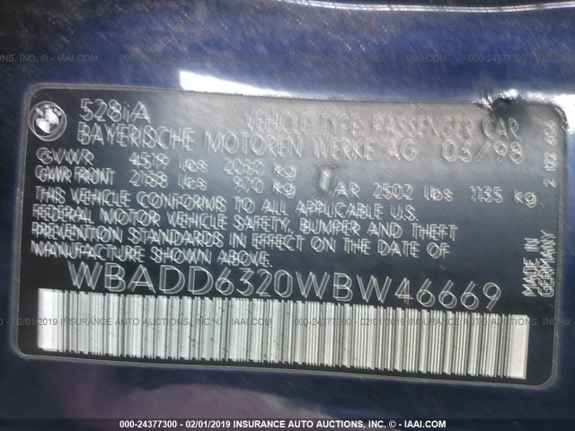 WBADD6320WBW46669 - 1998 BMW 528 I AUTOMATIC BLUE photo 9
