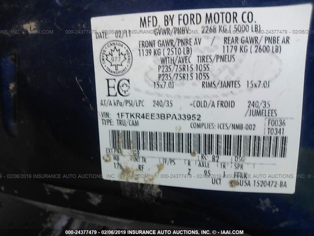 1FTKR4EE3BPA33952 - 2011 FORD RANGER SUPER CAB BLUE photo 9