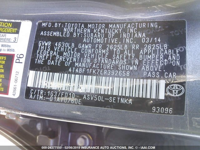 4T4BF1FK7ER392658 - 2014 TOYOTA CAMRY L/SE/LE/XLE 灰色 照片 9
