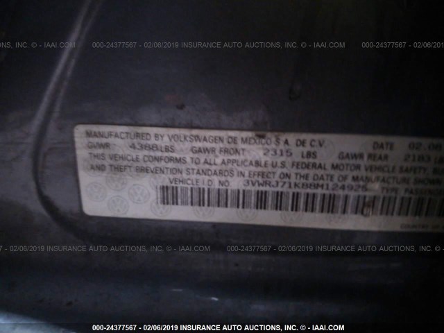 3VWRJ71K88M124925 - 2008 VOLKSWAGEN JETTA WOLFSBURG 灰色 照片 9