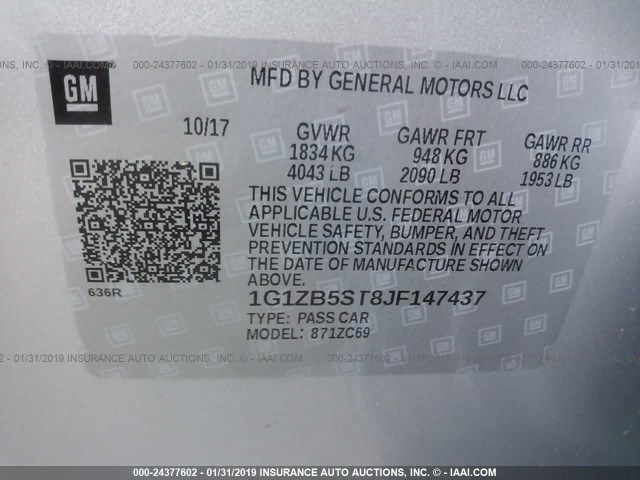 1G1ZB5ST8JF147437 - 2018 CHEVROLET MALIBU LS SILVER photo 9