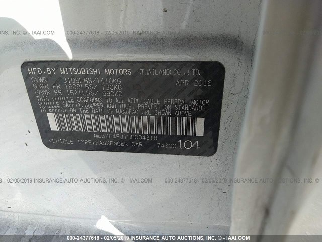 ML32F4FJ7HH004318 - 2017 MITSUBISHI MIRAGE G4 SE WHITE photo 9