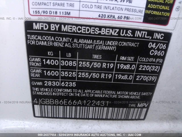 4JGBB86E66A122431 - 2006 MERCEDES-BENZ ML 350 WHITE photo 9