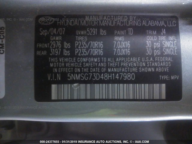 5NMSG73D48H147980 - 2008 HYUNDAI SANTA FE GLS GRAY photo 9