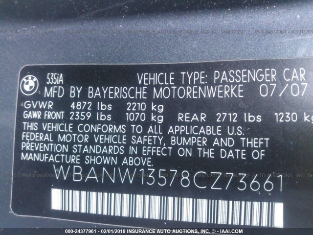 WBANW13578CZ73661 - 2008 BMW 535 I GRAY photo 9