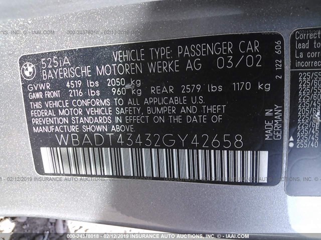 WBADT43432GY42658 - 2002 BMW 525 I AUTOMATIC GRAY photo 9