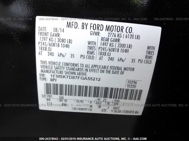 1FM5K7D87FGA55212 - 2015 FORD EXPLORER XLT BLACK photo 9