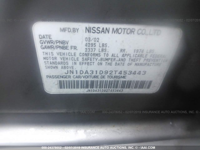 JN1DA31D92T453443 - 2002 NISSAN MAXIMA GLE/GXE/SE GRAY photo 9