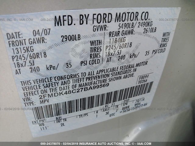 2FMDK48C27BA99569 - 2007 FORD EDGE SEL SILVER photo 9